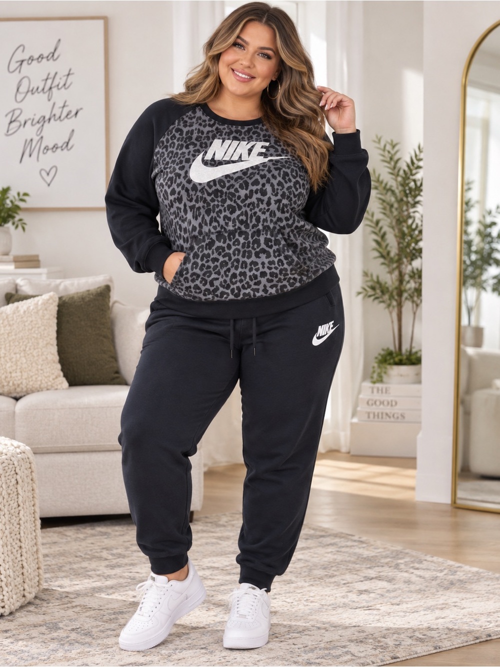 Nike  XL Black Leopard Crewneck with black joggers outfit